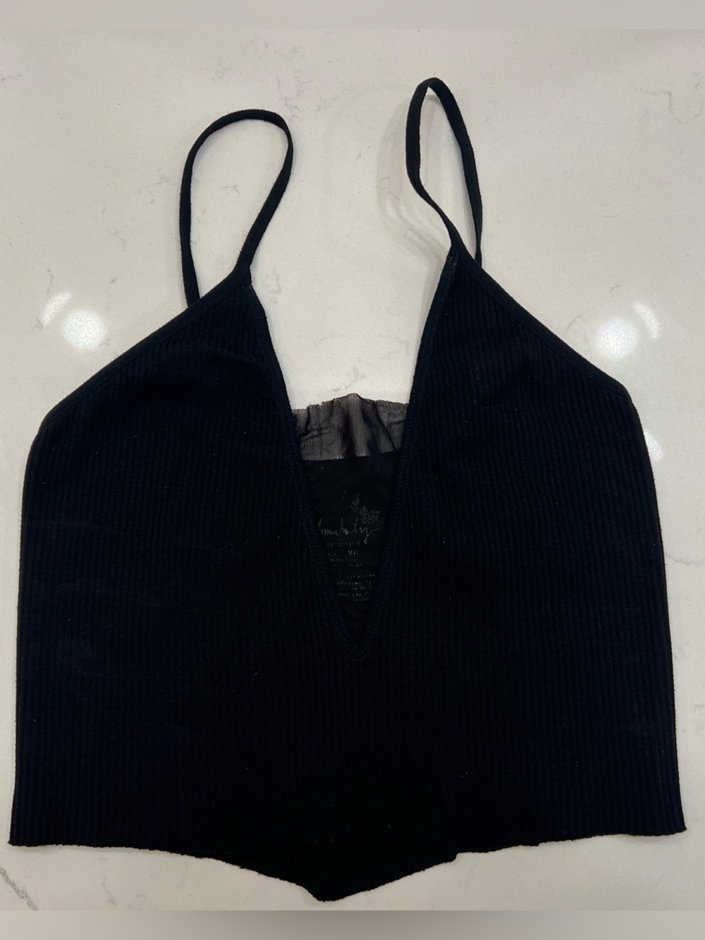 Intimately by Free People Black Ribbed Crop Tank with Mesh Detail, XS/S